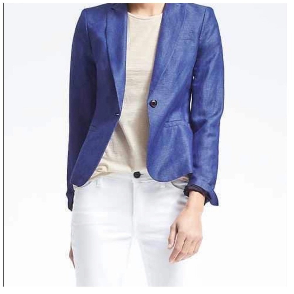 Banana Republic Linen Chambray Blazer 6 Blue Professional Minimal Preppy Office